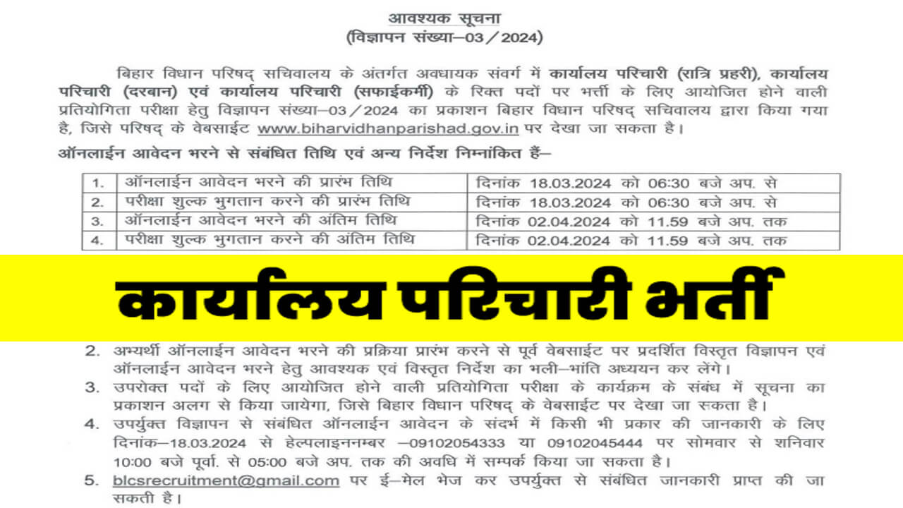 Bihar Vidhan Parishad Karyalay Bharti 2024